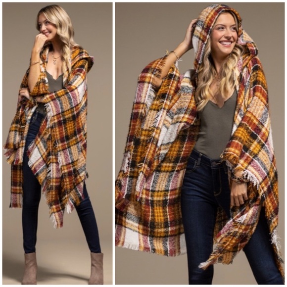 SOLD OUT Mochachino Knit Plaid Hooded Hoodie Open Fringe Ruana Wrap Fall Casual - Picture 1 of 6